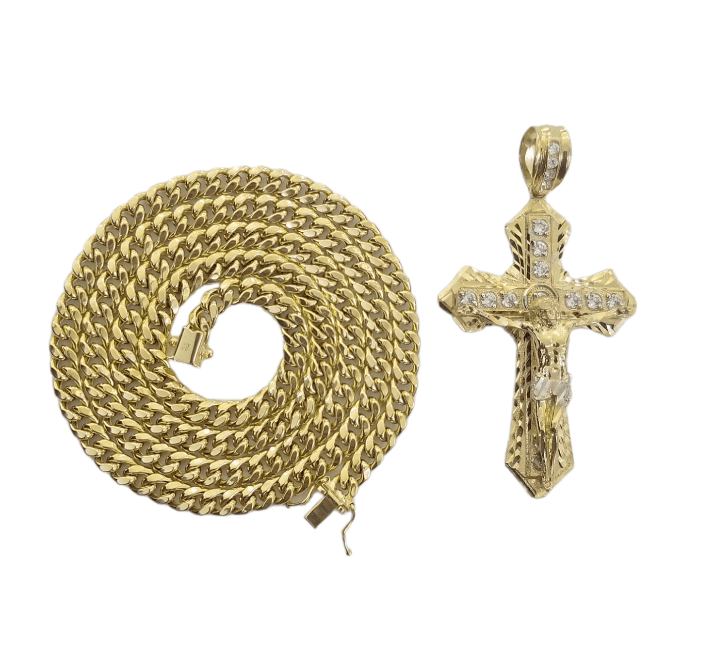 10K Yellow Gold Jesus Cross Pendent 5mm 20" 22"24"26"28" Inch Miami Cuban Chain - GoldenlinQ