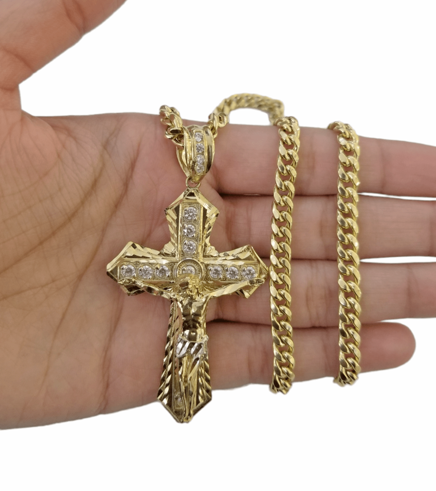 10K Yellow Gold Jesus Cross Pendent 5mm 20" 22"24"26"28" Inch Miami Cuban Chain - GoldenlinQ