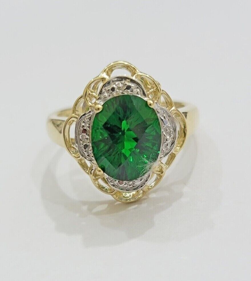 10k Yellow Gold Ladies Green Ring Women's Casual Band SALE Real 10kt Brand New - GoldenlinQ