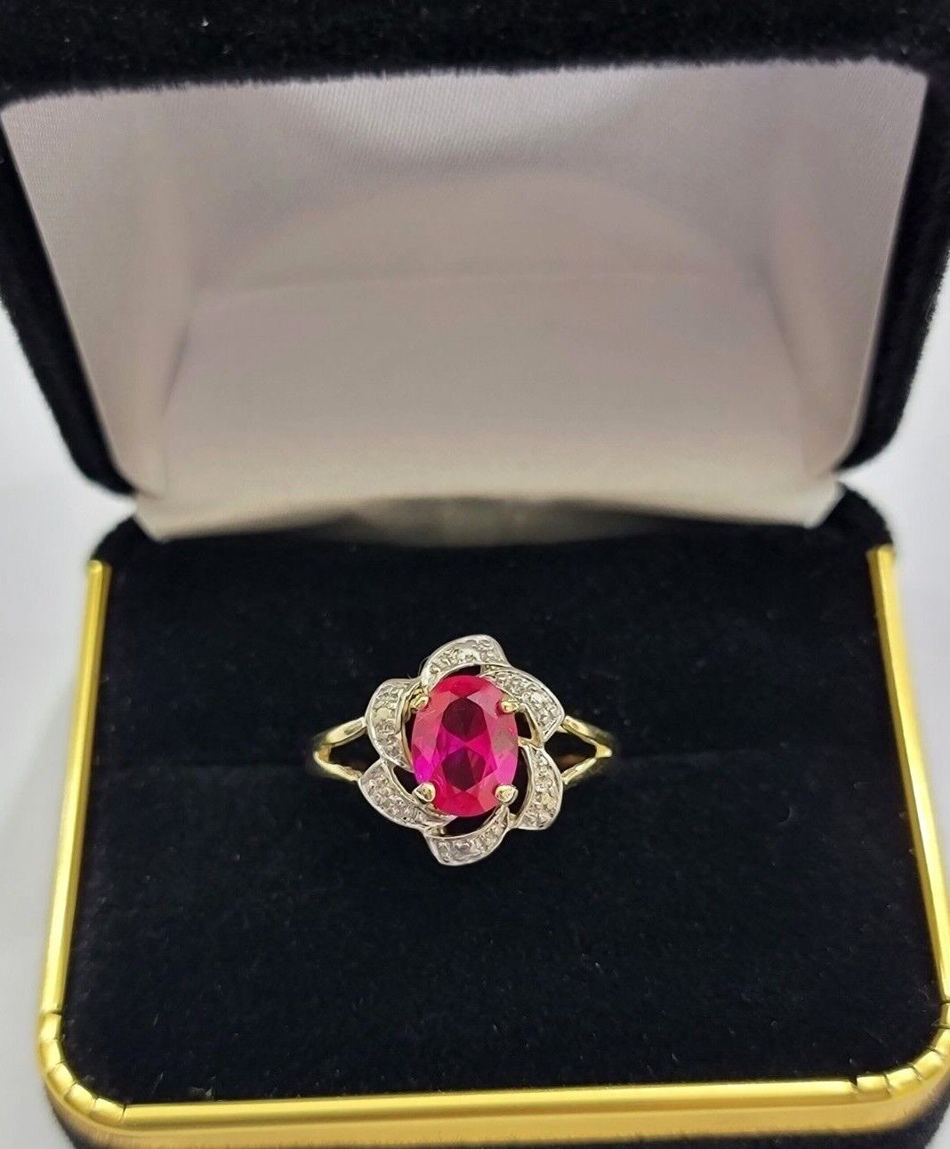 10k Yellow Gold Ladies Ruby Red Ring Women's Casual Band Real 10kt Flower Design - GoldenlinQ