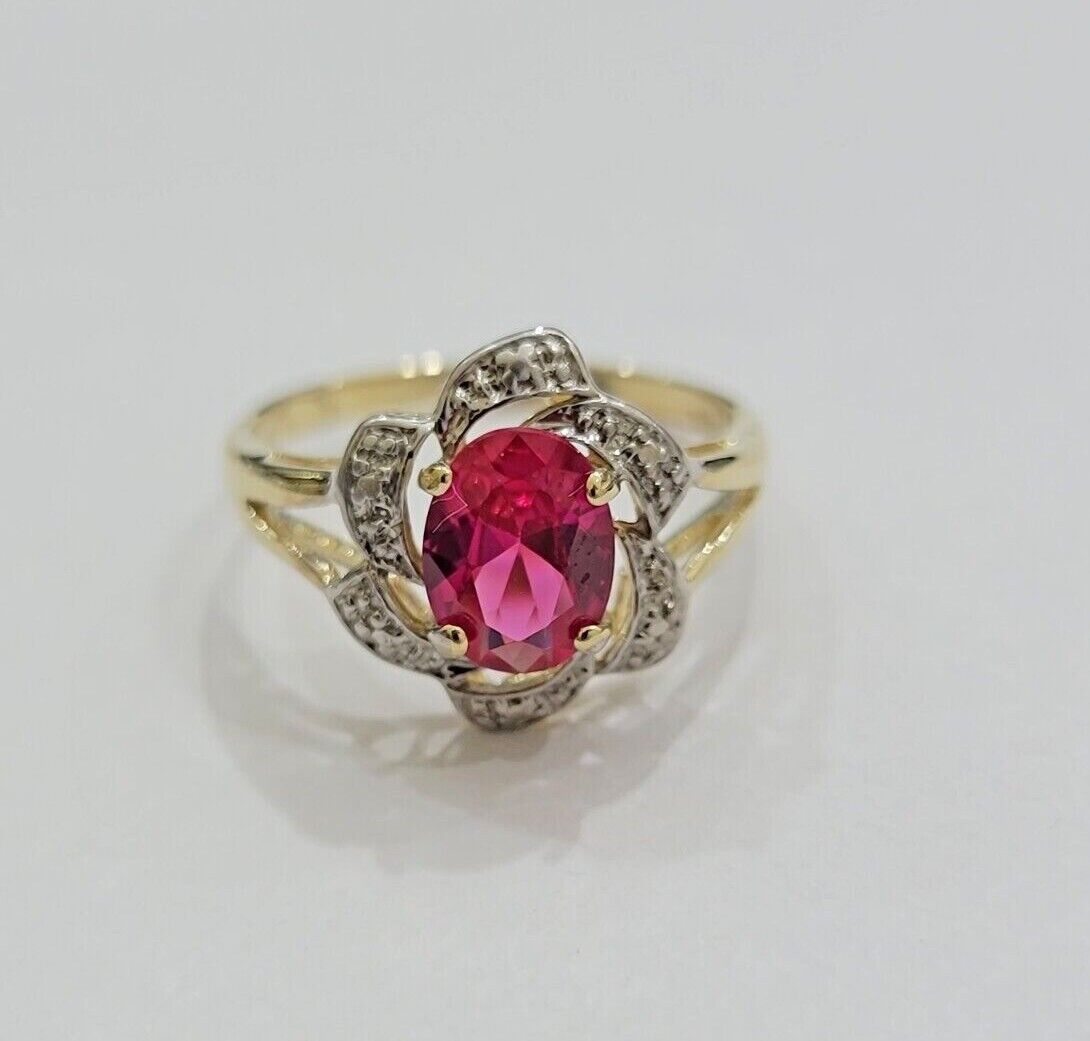 10k Yellow Gold Ladies Ruby Red Ring Women's Casual Band Real 10kt Flower Design - GoldenlinQ