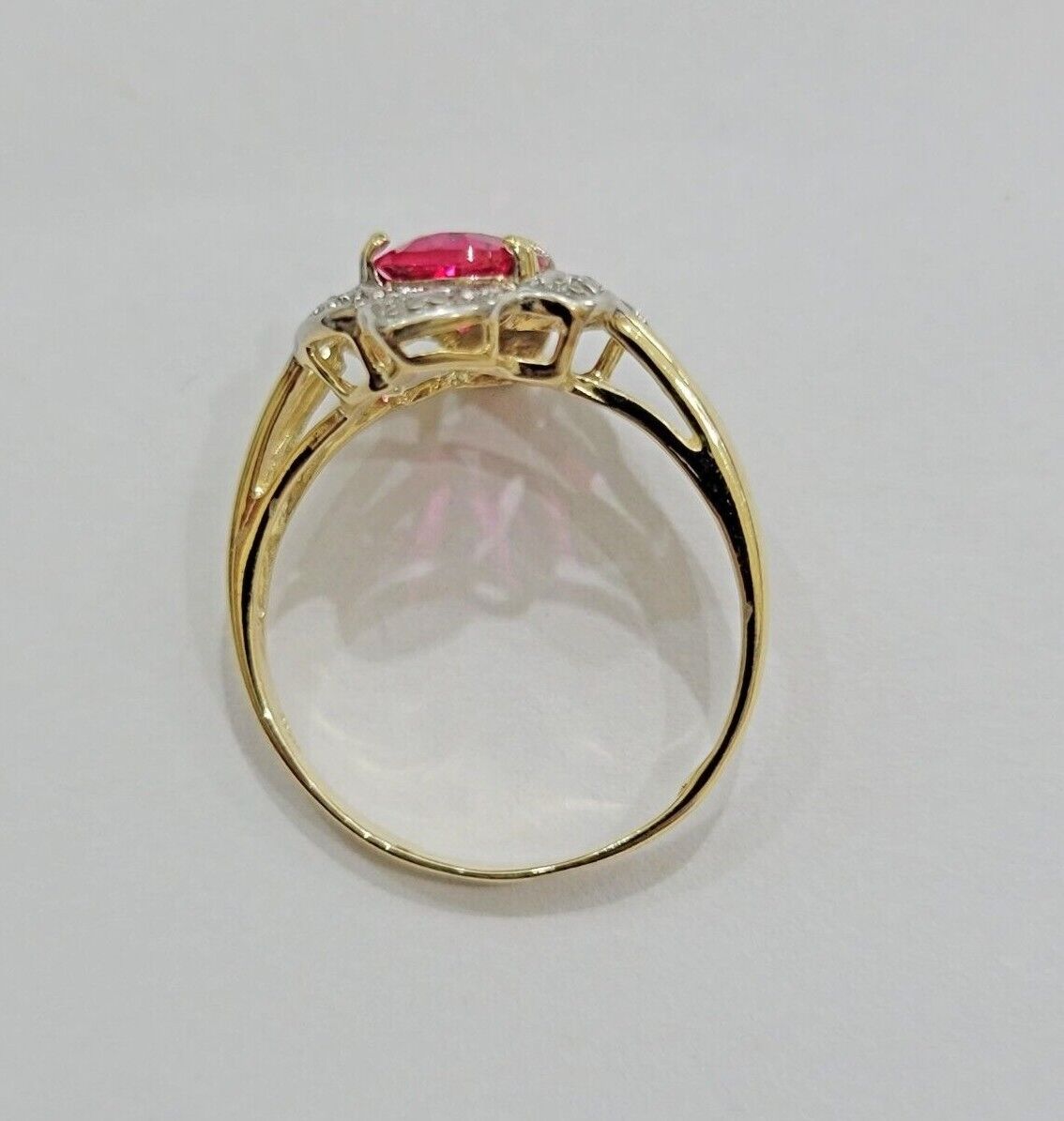 10k Yellow Gold Ladies Ruby Red Ring Women's Casual Band Real 10kt Flower Design - GoldenlinQ