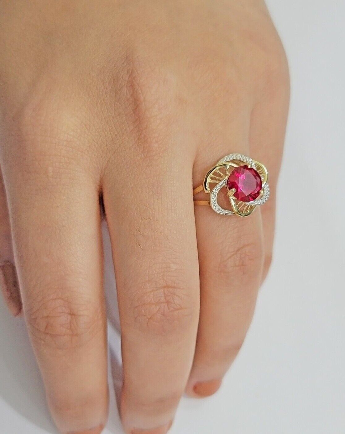 10k Yellow Gold Ladies Ruby Red Ring Womens Casual Band SALE Real 10kt Brand New - GoldenlinQ