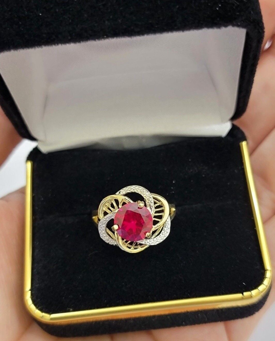 10k Yellow Gold Ladies Ruby Red Ring Womens Casual Band SALE Real 10kt Brand New - GoldenlinQ