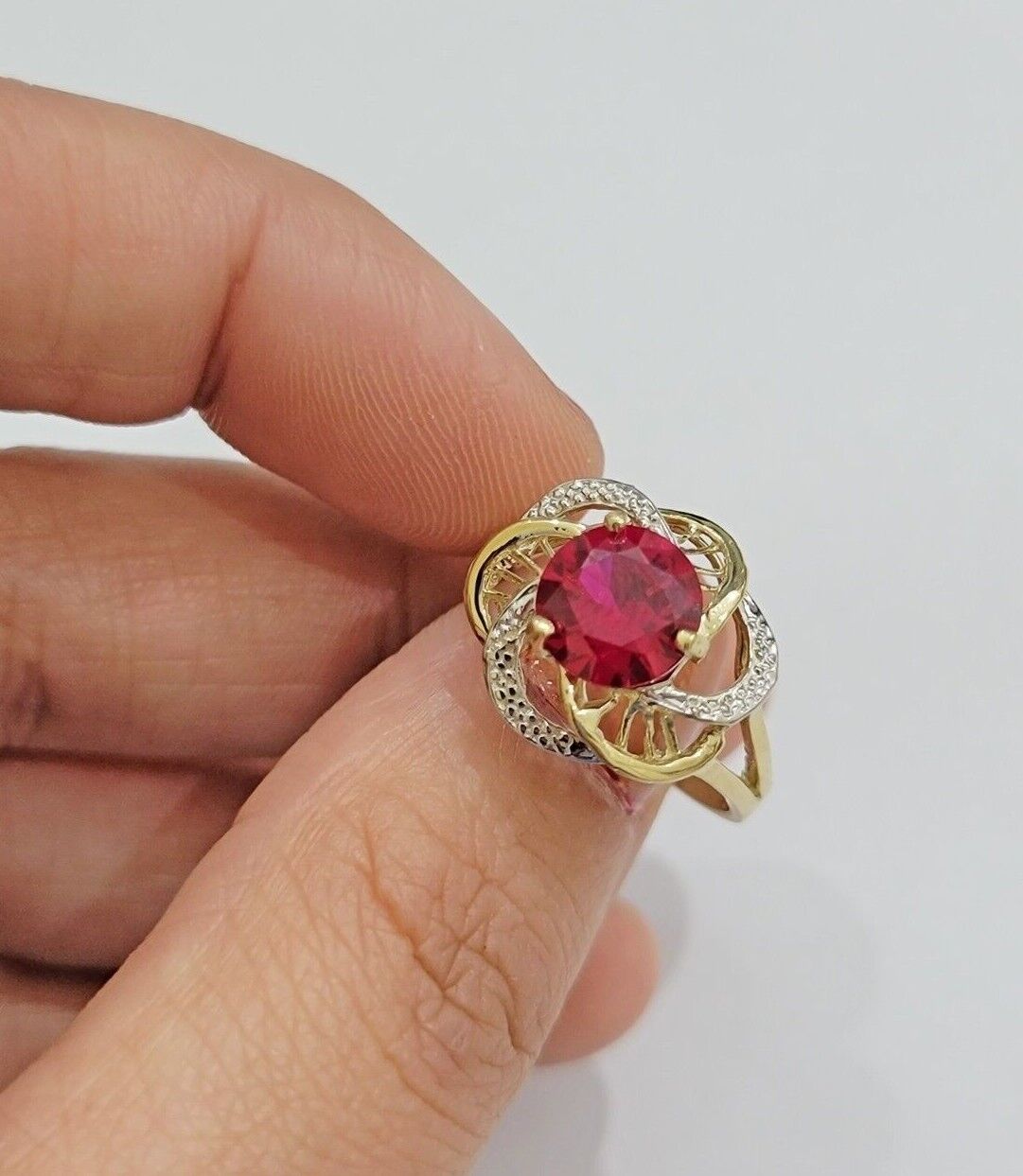 10k Yellow Gold Ladies Ruby Red Ring Womens Casual Band SALE Real 10kt Brand New - GoldenlinQ