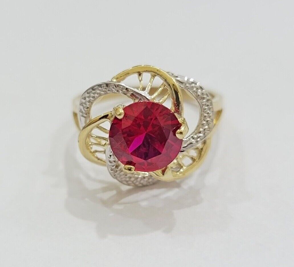 10k Yellow Gold Ladies Ruby Red Ring Womens Casual Band SALE Real 10kt Brand New - GoldenlinQ