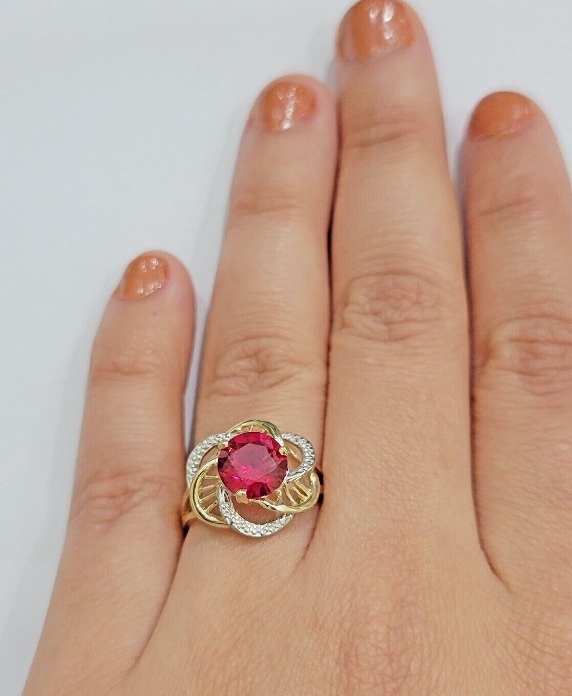 10k Yellow Gold Ladies Ruby Red Ring Womens Casual Band SALE Real 10kt Brand New - GoldenlinQ