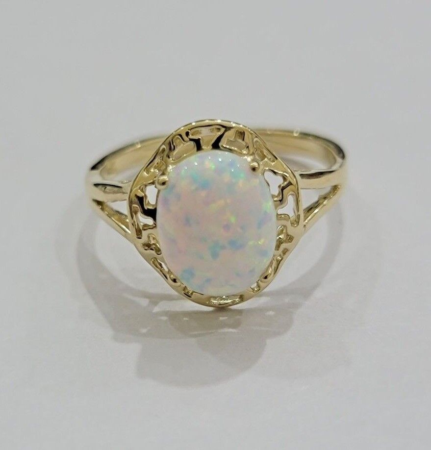 10k Yellow Gold Ladies White Opal Ring For Women Casual Band SALE Real Brand New - GoldenlinQ