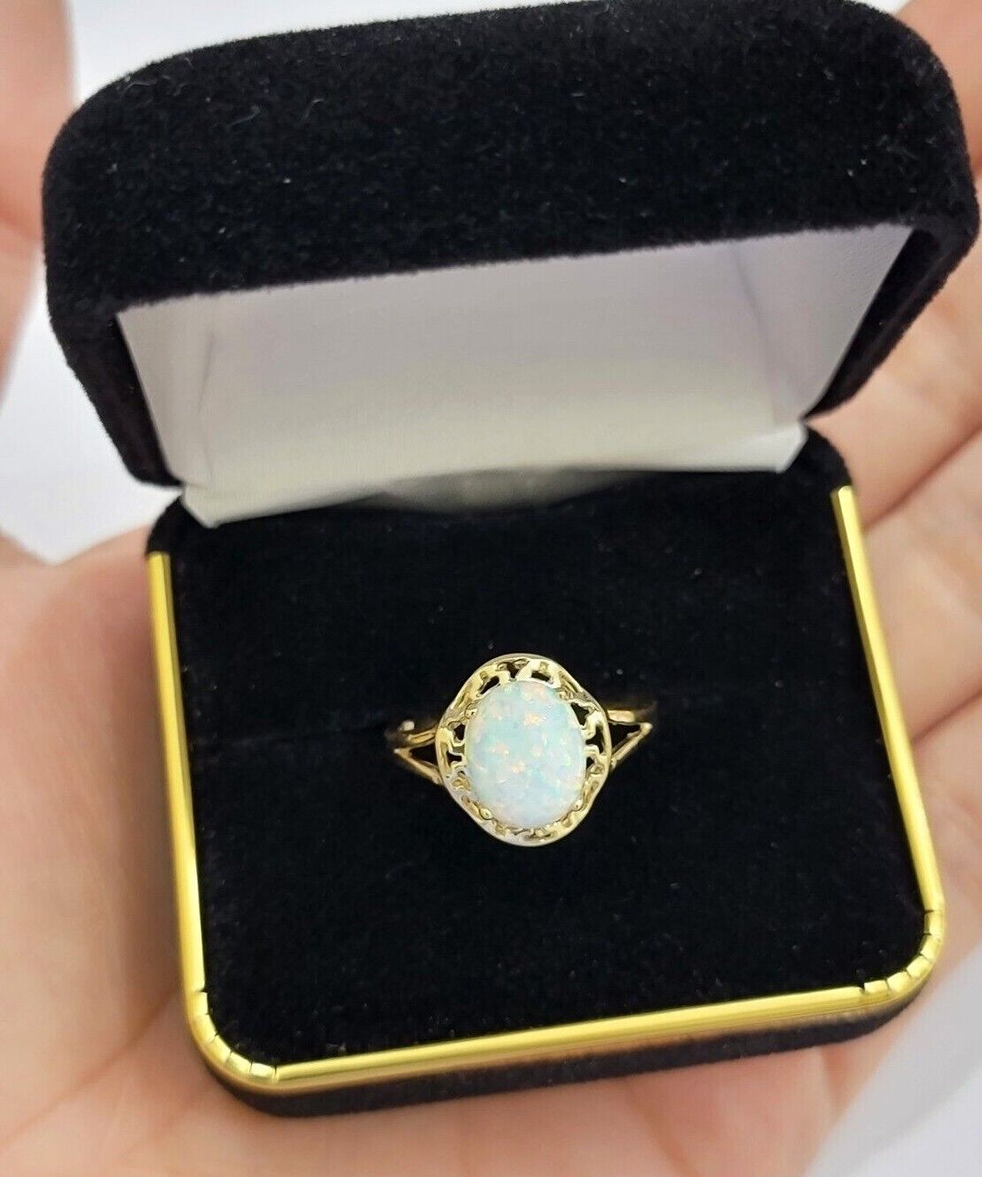 10k Yellow Gold Ladies White Opal Ring For Women Casual Band SALE Real Brand New - GoldenlinQ