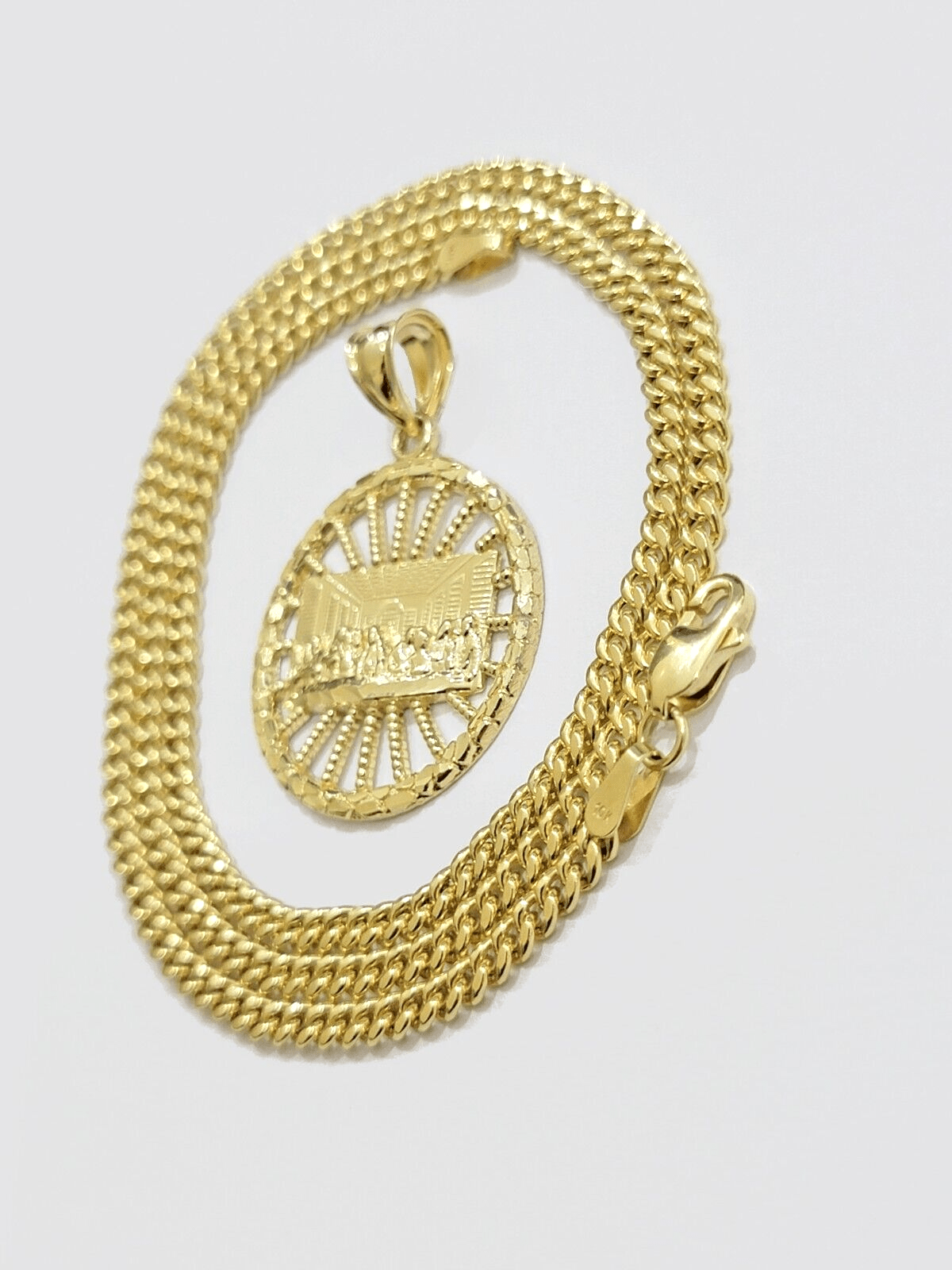 10k Yellow Gold Last Supper Charm Miami Cuban Chain 18'' 10kt Pendant Necklace - GoldenlinQ