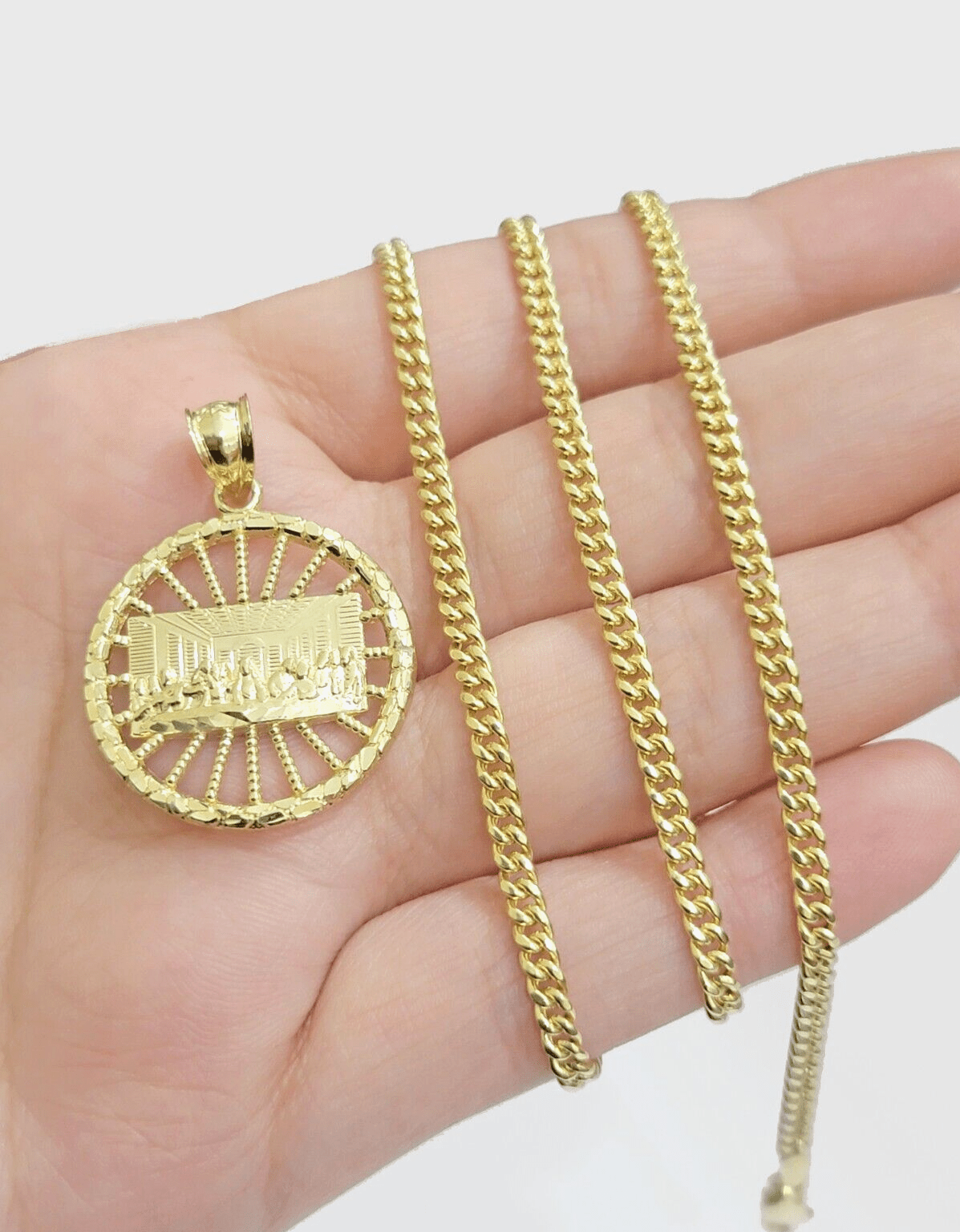 10k Yellow Gold Last Supper Charm Miami Cuban Chain 18'' 10kt Pendant Necklace - GoldenlinQ