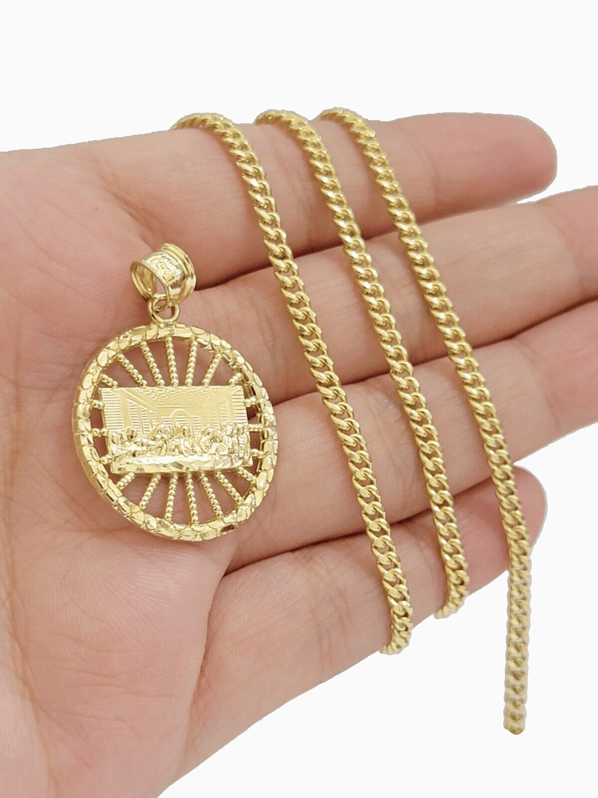 10k Yellow Gold Last Supper Charm Miami Cuban Chain 18'' 10kt Pendant Necklace - GoldenlinQ