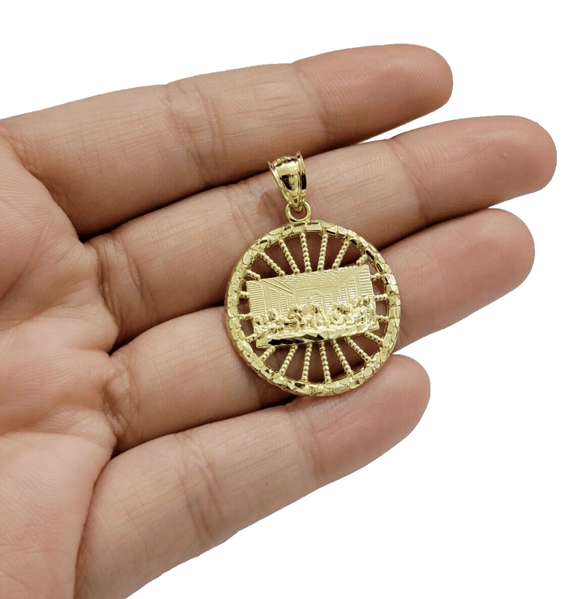 10k Yellow Gold Last Supper Charm Rope Chain 22'' 10kt Circle Pendant Necklace - GoldenlinQ