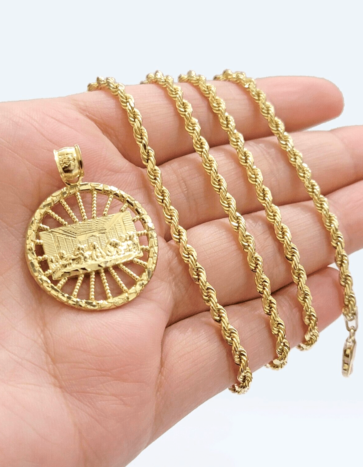 10k Yellow Gold Last Supper Charm Rope Chain 22'' 10kt Circle Pendant Necklace - GoldenlinQ