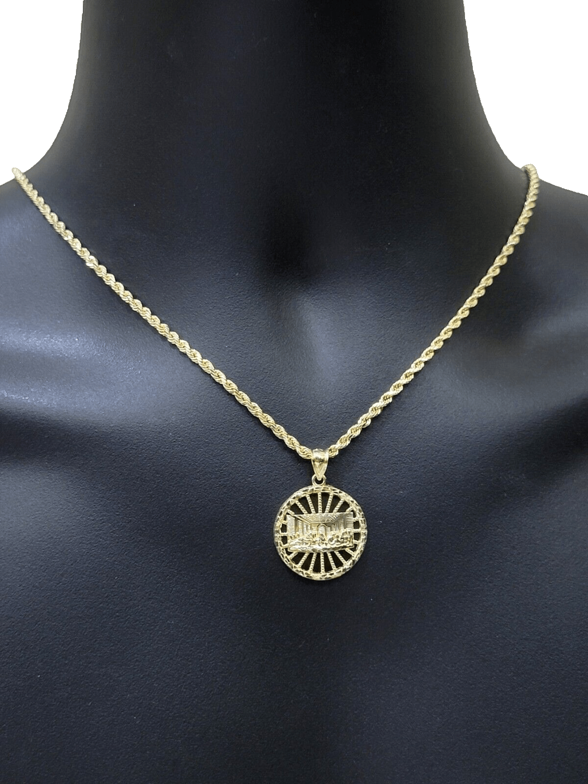 10k Yellow Gold Last Supper Charm Rope Chain 22'' 10kt Circle Pendant Necklace - GoldenlinQ