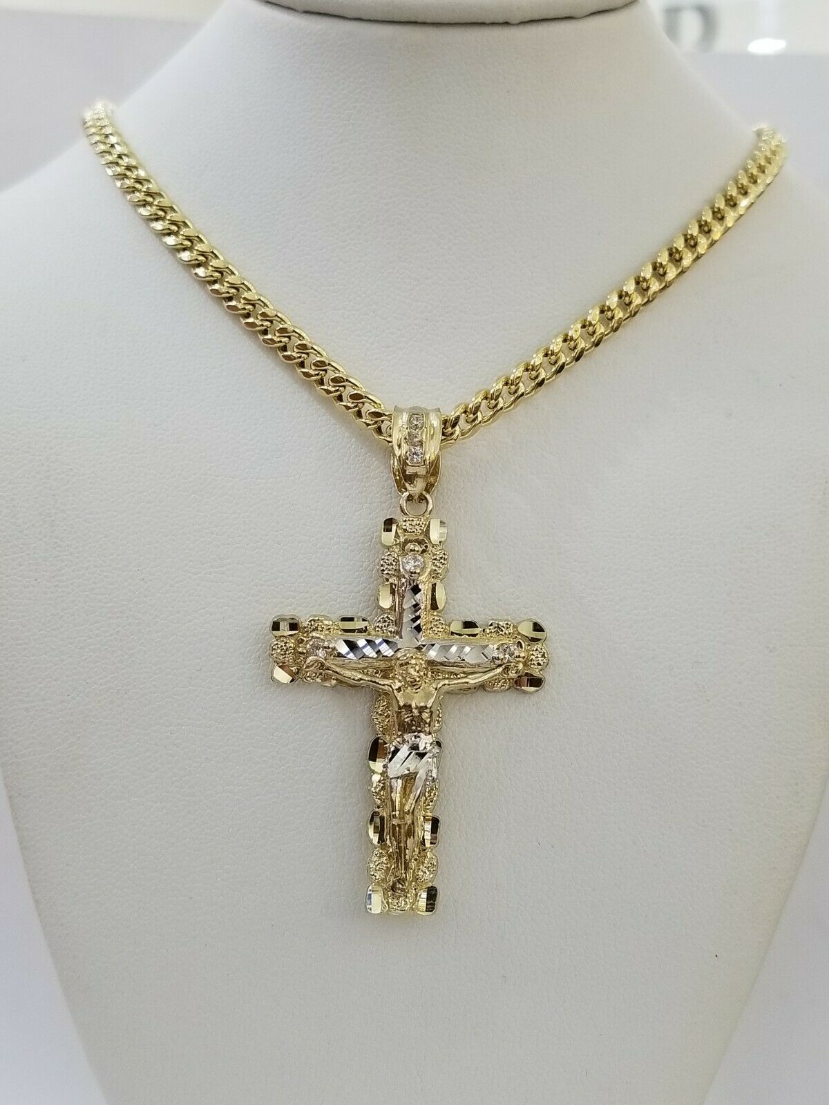 10k Yellow Gold Link Chain Pendant 5mm 18" - 28" Miami Cuban Necklace Cross Charm - GoldenlinQ