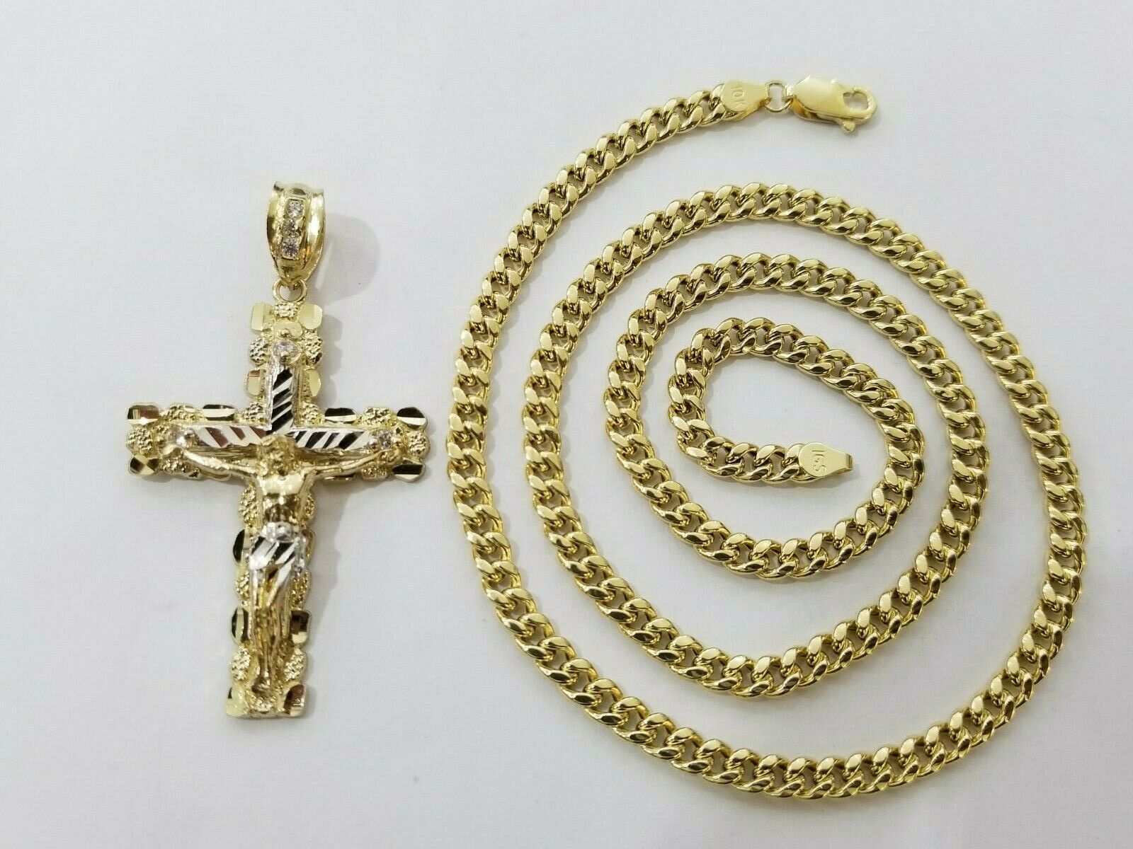 10k Yellow Gold Link Chain Pendant 5mm 18" - 28" Miami Cuban Necklace Cross Charm - GoldenlinQ