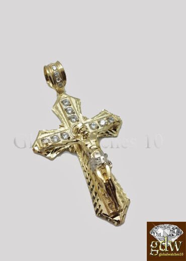 10k Yellow Gold Men Cross Charm Pendant Diamond Cut Angel Jesus Crucifix - GoldenlinQ