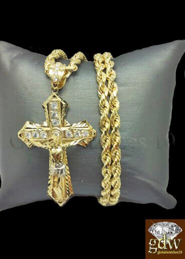 10k Yellow Gold Men Cross Charm Pendant Diamond Cut Angel Jesus Crucifix - GoldenlinQ