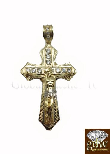 10k Yellow Gold Men Cross Charm Pendant Diamond Cut Angel Jesus Crucifix - GoldenlinQ