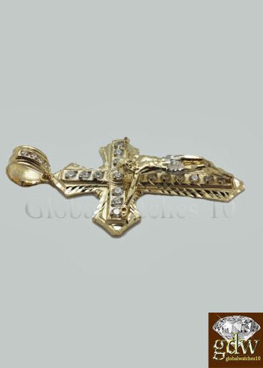 10k Yellow Gold Men Cross Charm Pendant Diamond Cut Angel Jesus Crucifix - GoldenlinQ