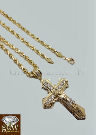 10k Yellow Gold Men Cross Charm Pendant Diamond Cut Angel Jesus Crucifix - GoldenlinQ