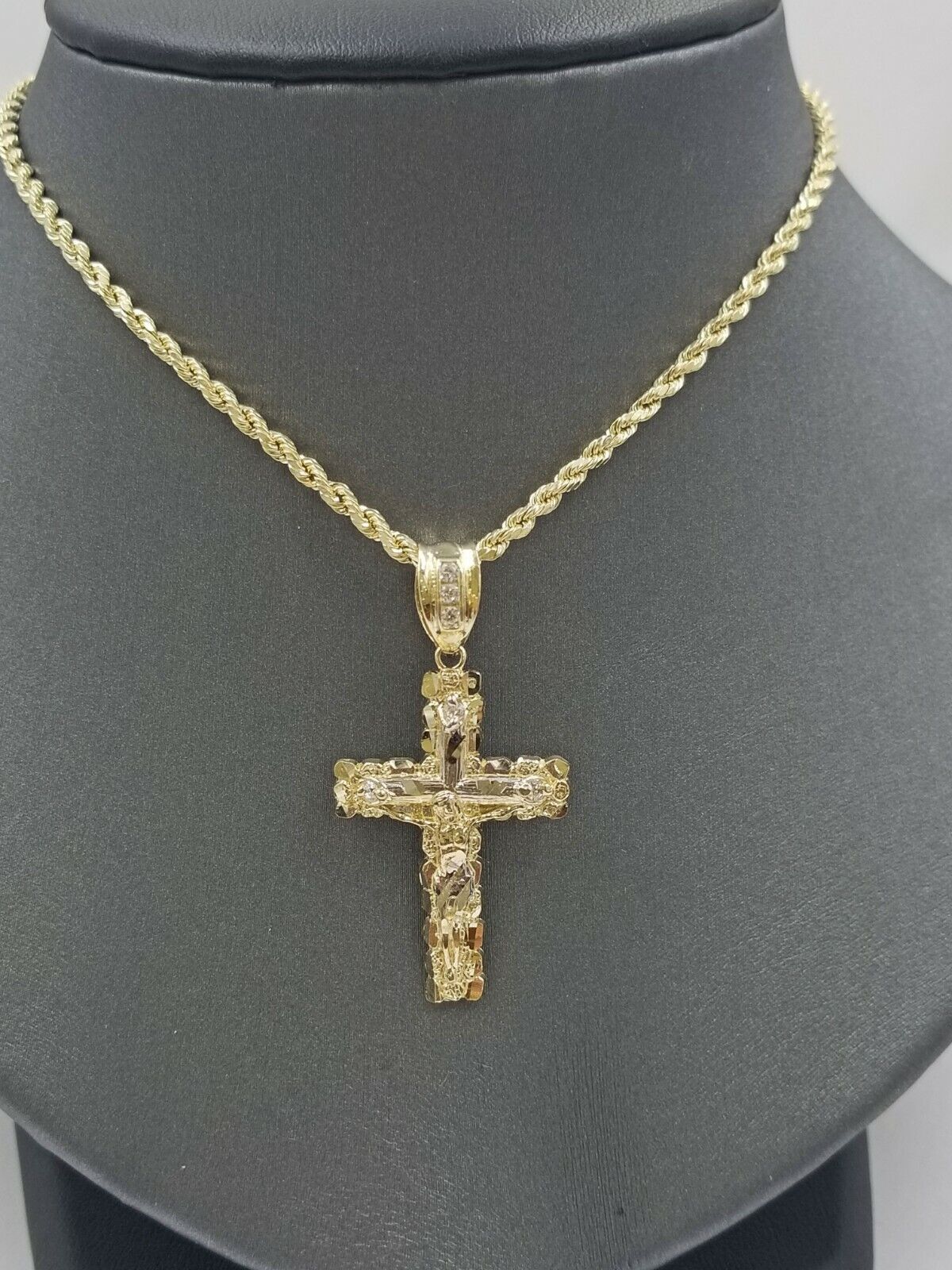 10k Yellow Gold Men Crucifix Cross Charm Pendant Diamond Cut Jesus REAL - GoldenlinQ
