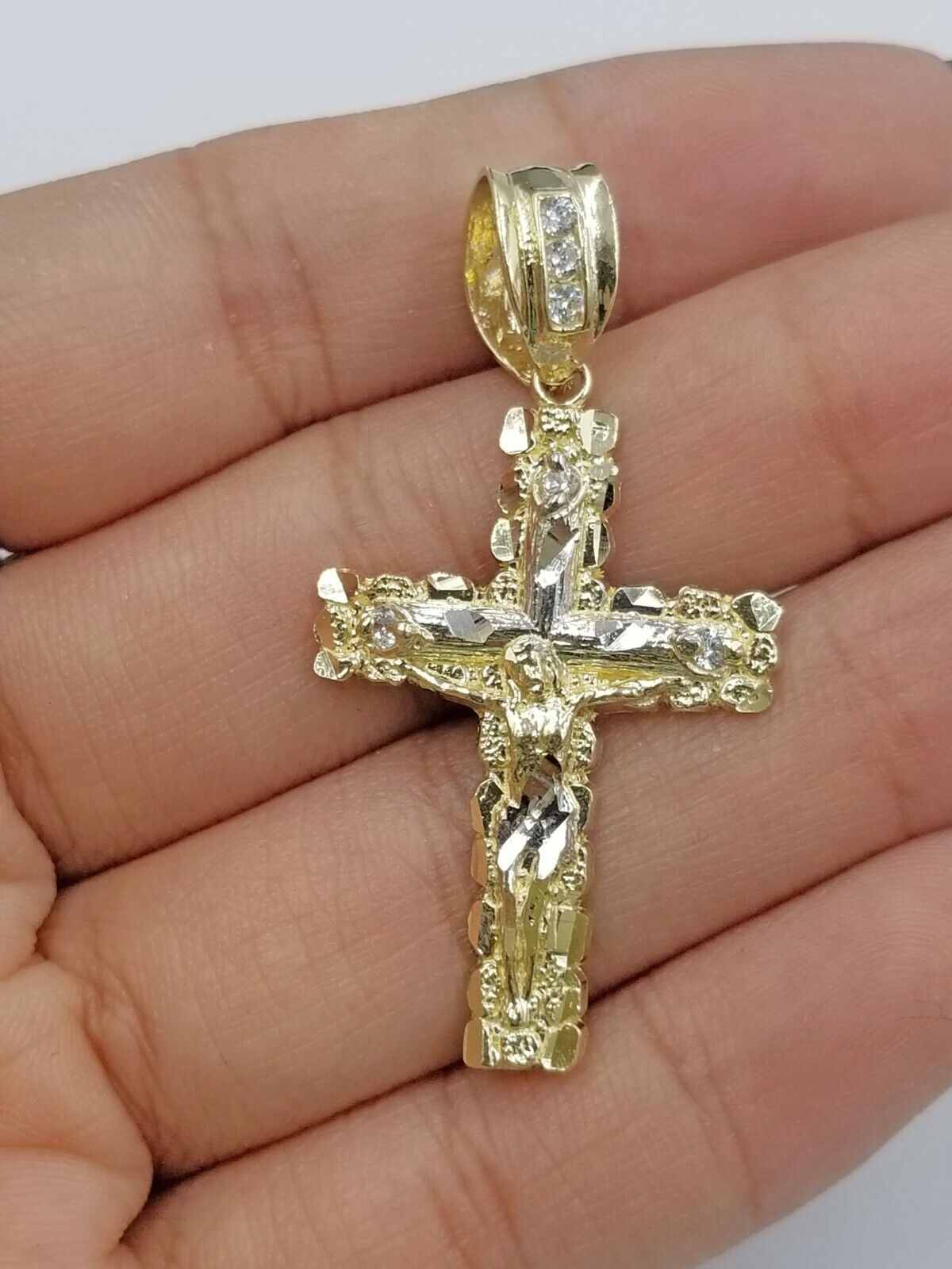 10k Yellow Gold Men Crucifix Cross Charm Pendant Diamond Cut Jesus REAL - GoldenlinQ