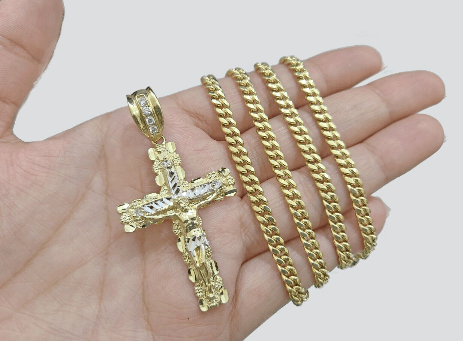 10k Yellow Gold Miami Cuban Chain 5mm 18" inch Necklace Jesus Cross Charm Real - GoldenlinQ