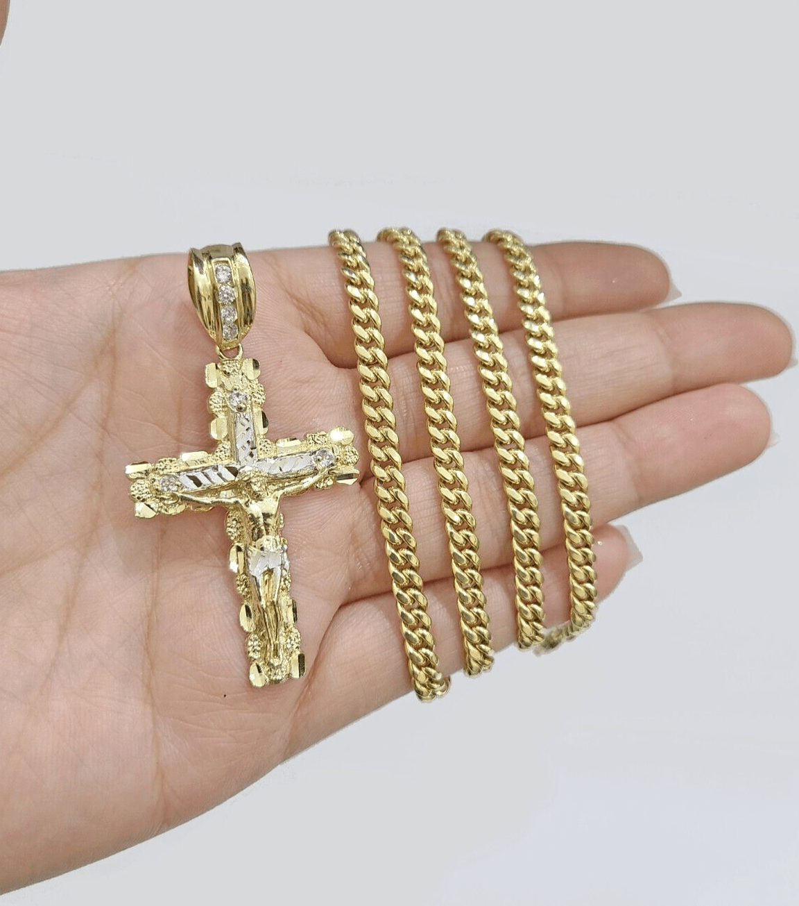 10k Yellow Gold Miami Cuban Chain 5mm 30" inch Necklace Jesus Cross Charm Real - GoldenlinQ
