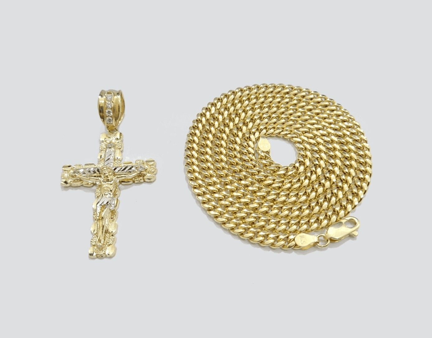 10k Yellow Gold Miami Cuban Chain 5mm 30" inch Necklace Jesus Cross Charm Real - GoldenlinQ