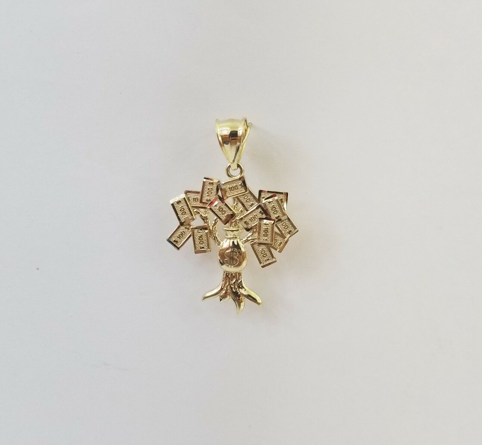 10K Yellow Gold Money Tree Pendant Diamond Cut, 10KT Real Gold $100 Sign Bag - GoldenlinQ
