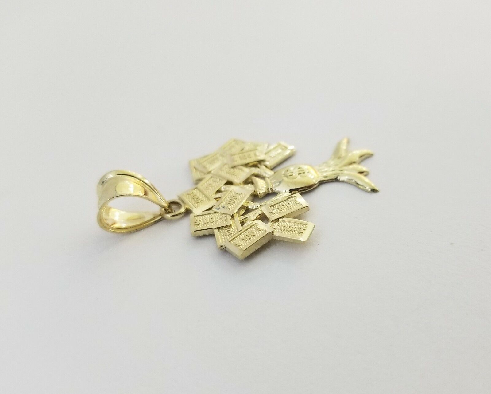10K Yellow Gold Money Tree Pendant Diamond Cut, 10KT Real Gold $100 Sign Bag - GoldenlinQ