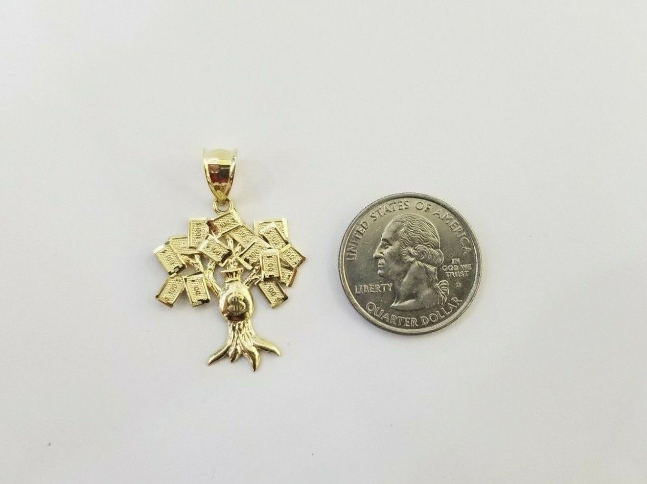 10K Yellow Gold Money Tree Pendant Diamond Cut, 10KT Real Gold $100 Sign Bag - GoldenlinQ