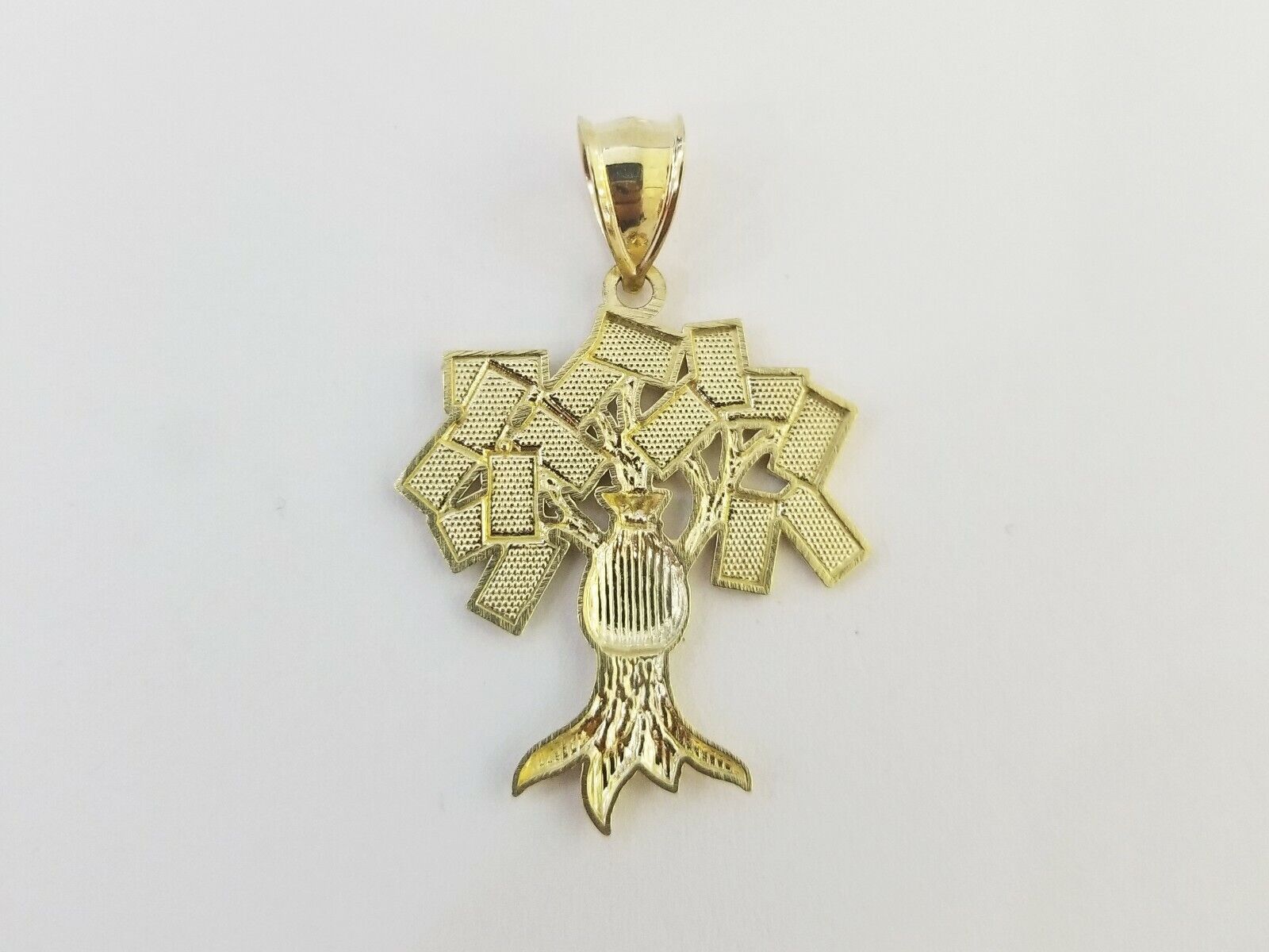 10K Yellow Gold Money Tree Pendant Diamond Cut, 10KT Real Gold $100 Sign Bag - GoldenlinQ