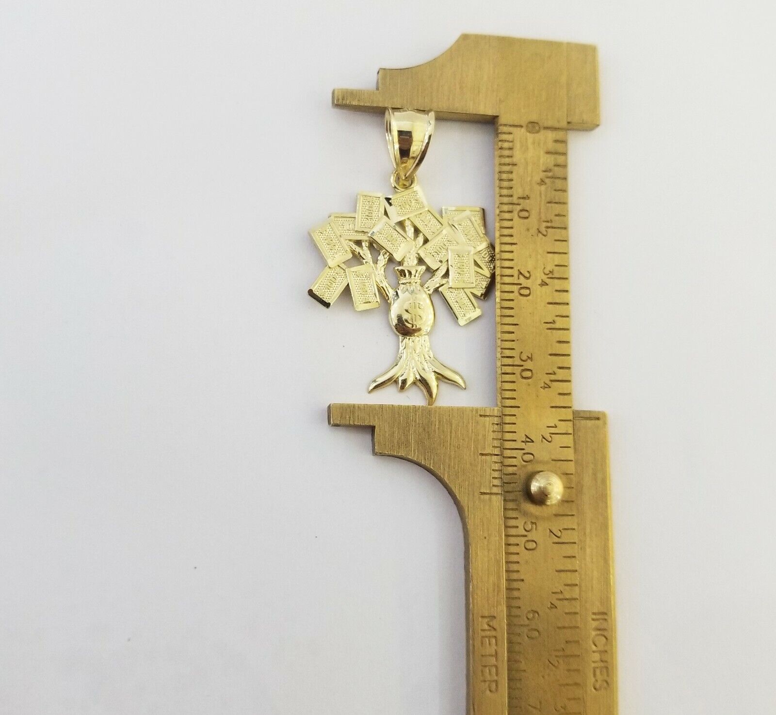 10K Yellow Gold Money Tree Pendant Diamond Cut, 10KT Real Gold $100 Sign Bag - GoldenlinQ