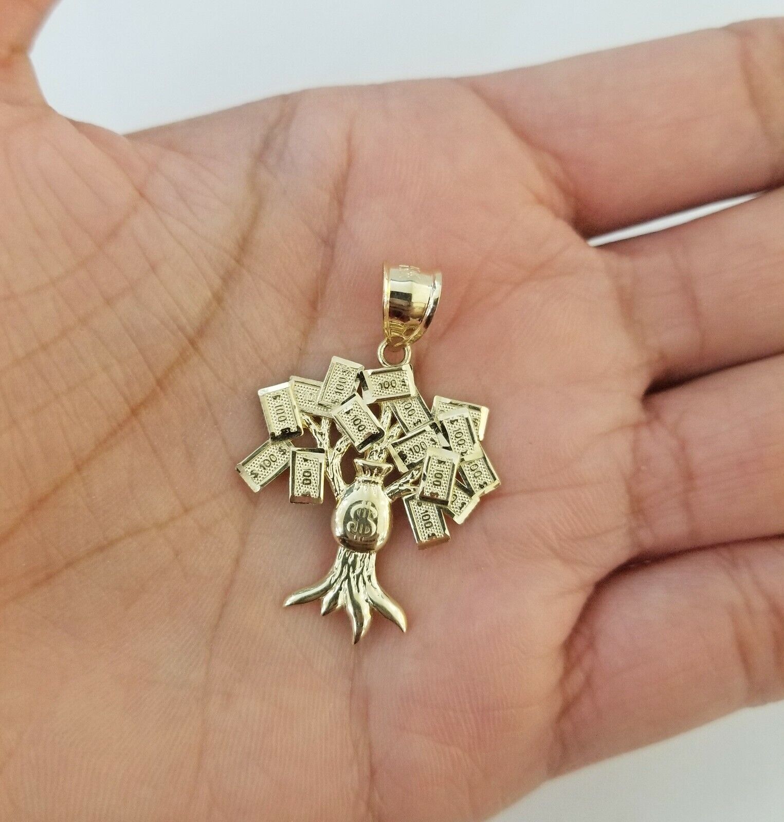 10K Yellow Gold Money Tree Pendant Diamond Cut, 10KT Real Gold $100 Sign Bag - GoldenlinQ