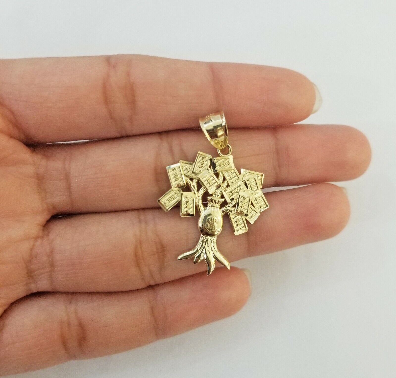 10K Yellow Gold Money Tree Pendant Diamond Cut, 10KT Real Gold $100 Sign Bag - GoldenlinQ