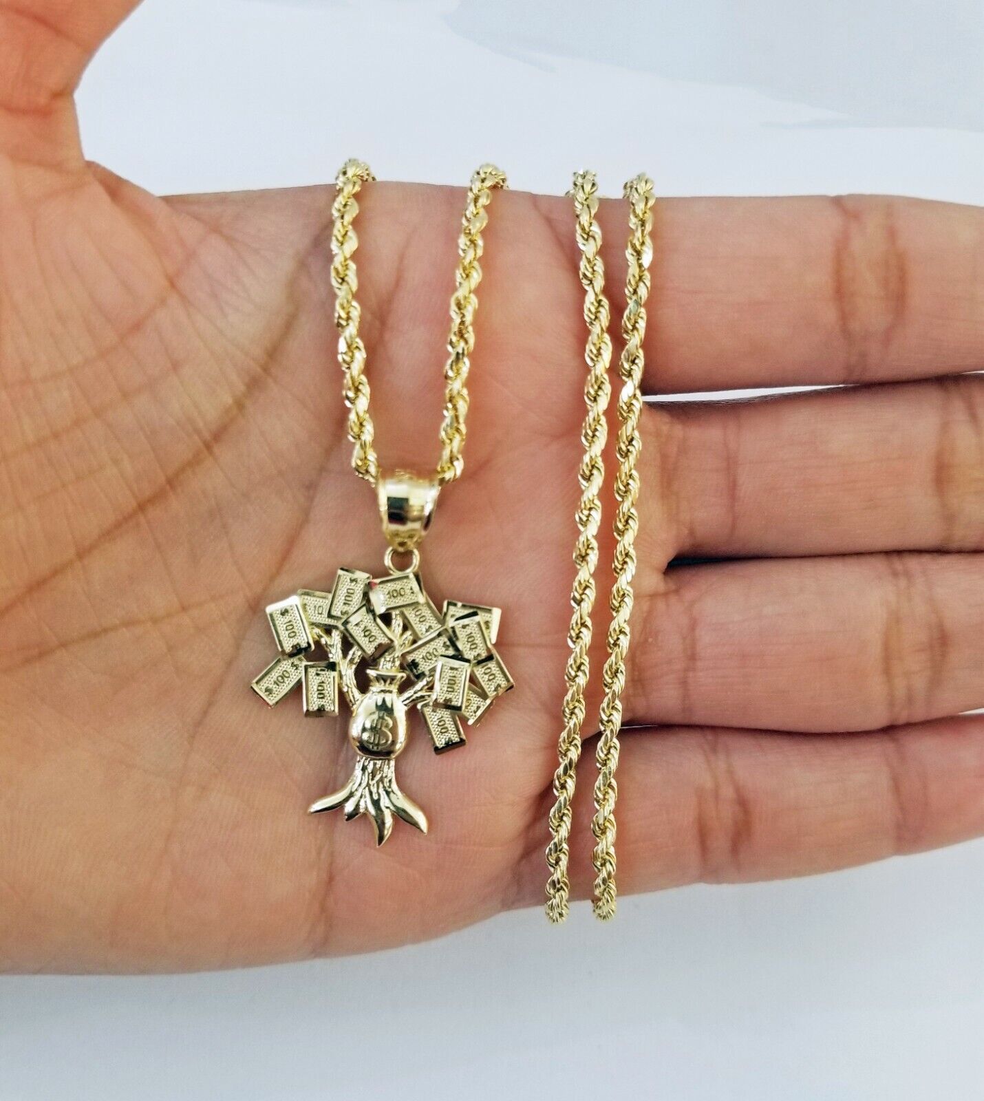 10k Yellow Gold Money Tree Pendant with 18 inch rope chain 3mm 10kt gold set - GoldenlinQ