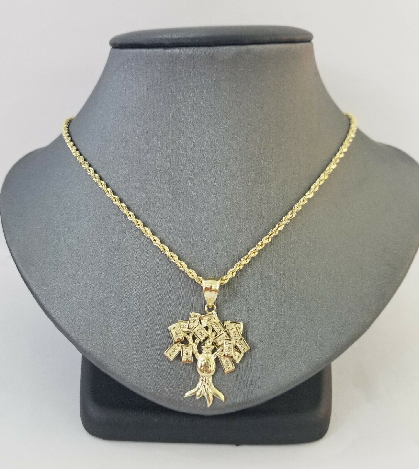 10k Yellow Gold Money Tree Pendant with 18 inch rope chain 3mm 10kt gold set - GoldenlinQ