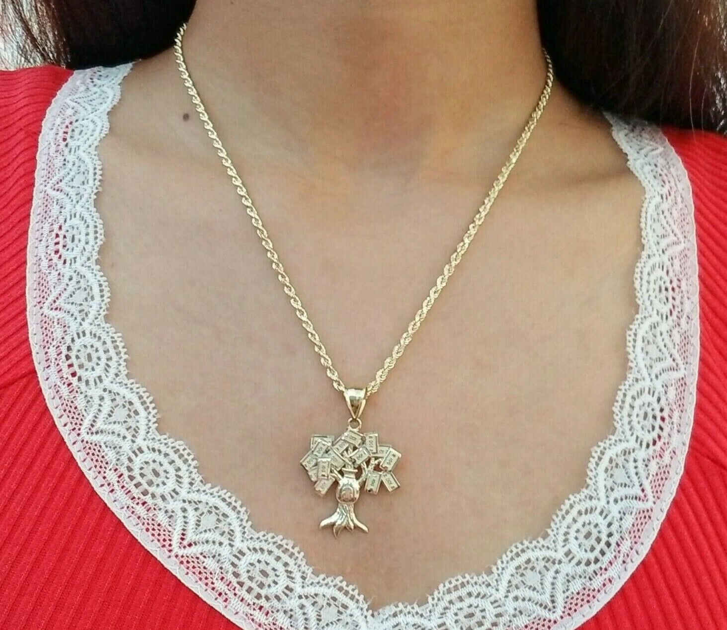10k Yellow Gold Money Tree Pendant with 18 inch rope chain 3mm 10kt gold set - GoldenlinQ