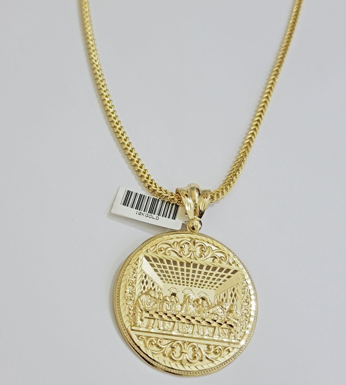 10k Yellow Gold Necklace 22" Franco Chain & Last Supper Charm Pendant SET REAL - GoldenlinQ