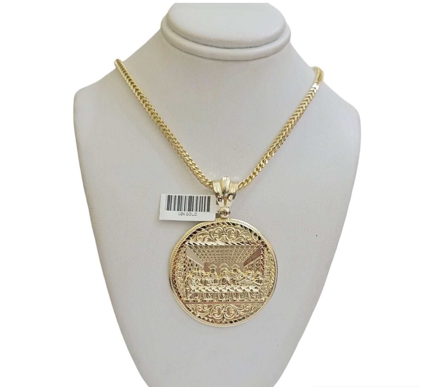 10k Yellow Gold Necklace 22" Franco Chain & Last Supper Charm Pendant SET REAL - GoldenlinQ