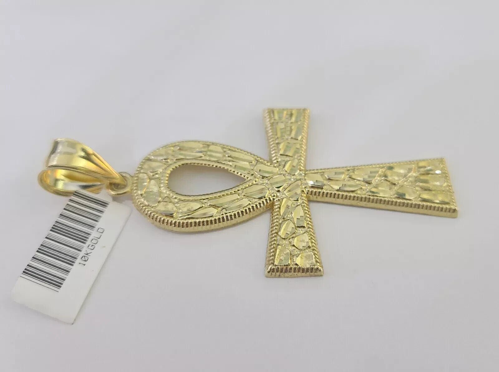 10k Yellow Gold Nugget Ankh Charm Pendant 2.75 Inch For Men's REAL 10KT Gold - GoldenlinQ