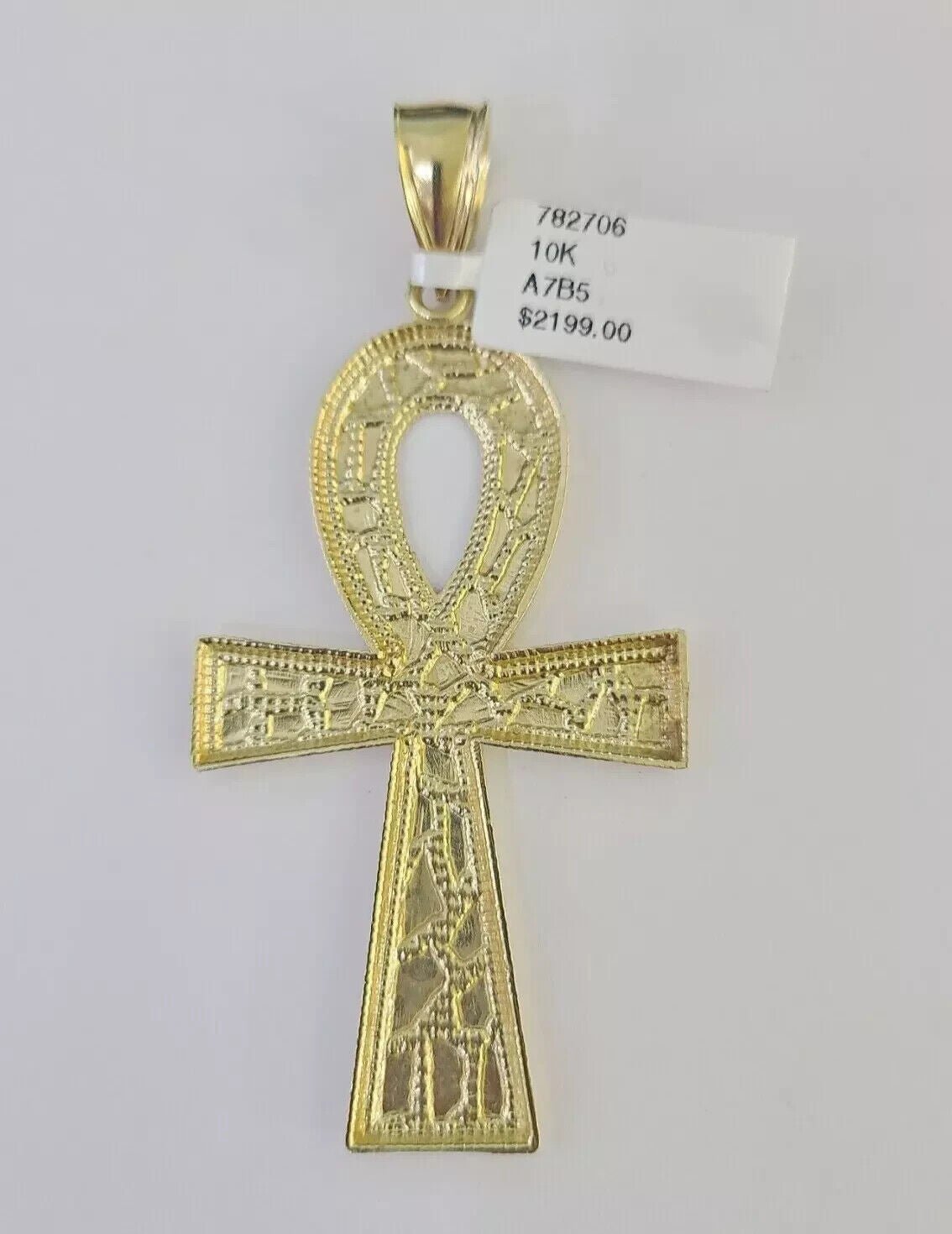 10k Yellow Gold Nugget Ankh Charm Pendant 2.75 Inch For Men's REAL 10KT Gold - GoldenlinQ