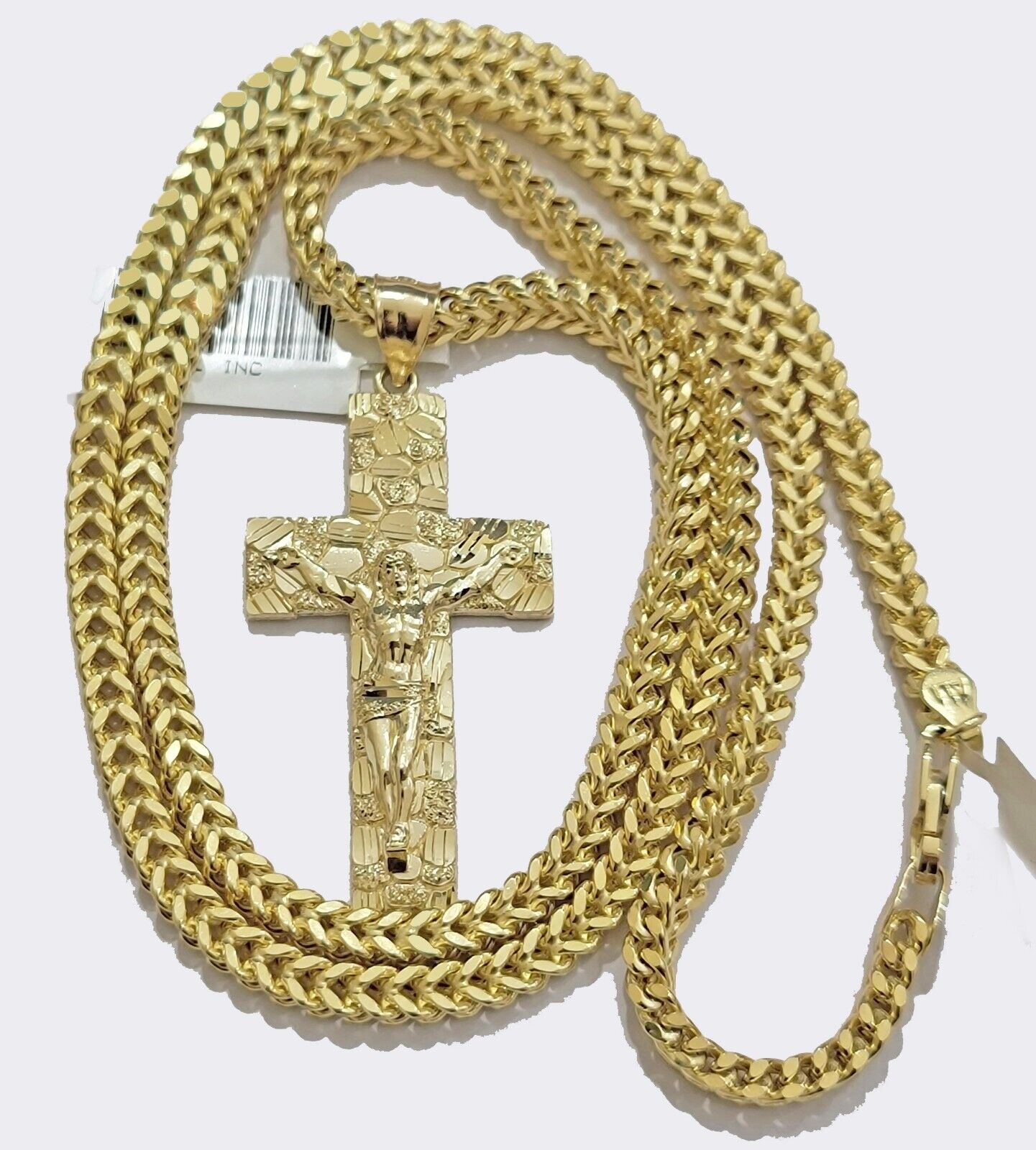 10k Yellow Gold Nugget Charm & Franco Chain Necklace 3mm 24" Inch Real 10KT SET - GoldenlinQ