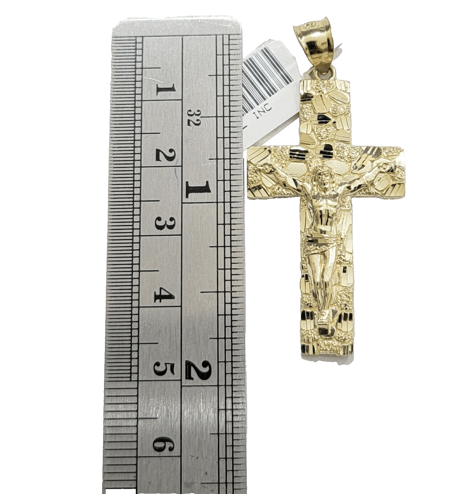 10k Yellow Gold Nugget Jesus Cross Charm Pendant 2'' inches Real 10kt SALE Chain - GoldenlinQ