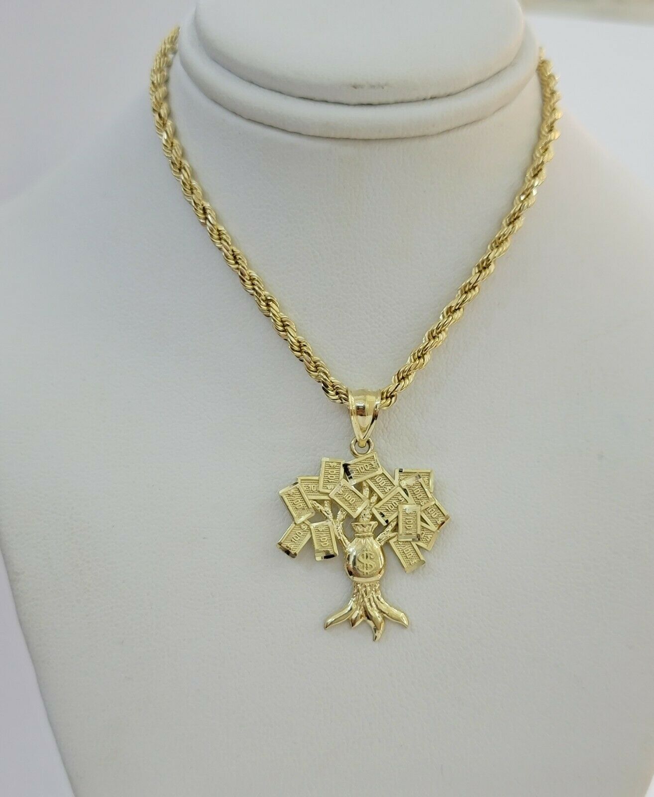 10k Yellow Gold Pendant & 10kt Rope Necklace 22", Money Tree Charm 10kt ,UNIQUE - GoldenlinQ