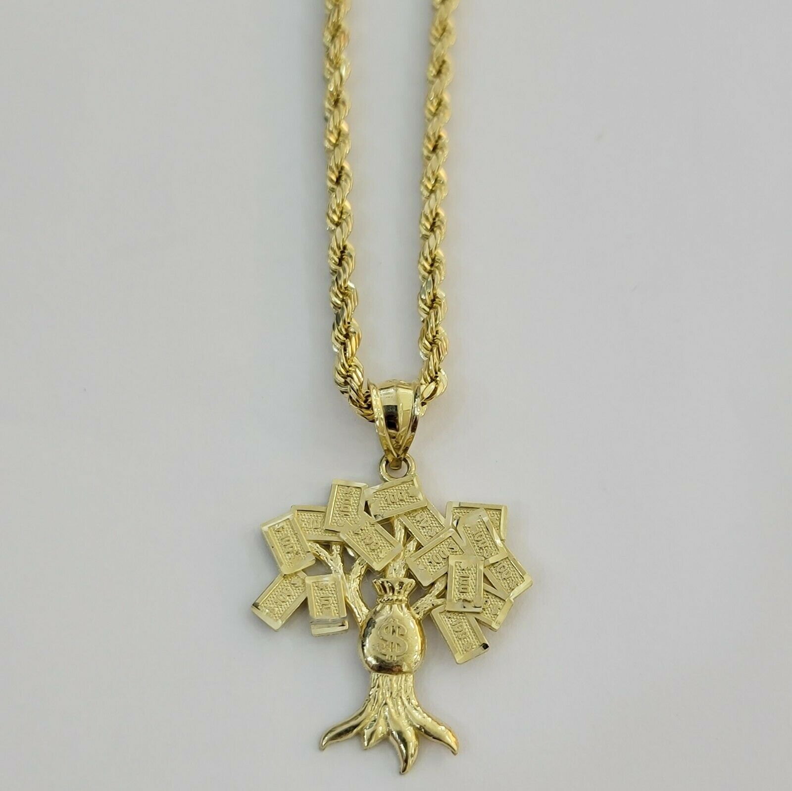 10k Yellow Gold Pendant & 10kt Rope Necklace 22", Money Tree Charm 10kt ,UNIQUE - GoldenlinQ