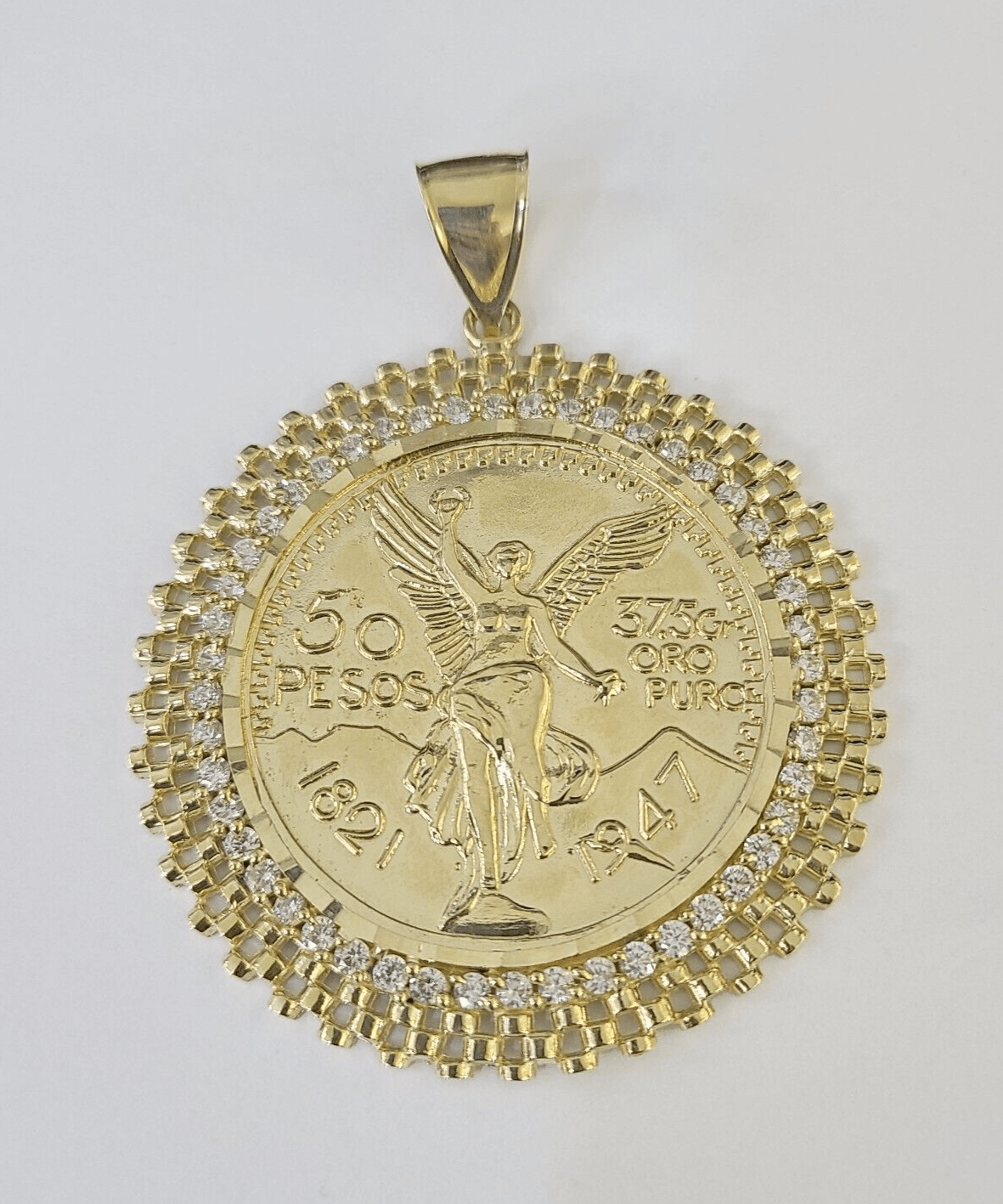 10k Yellow Gold Pendant Centenario - style Coin Charm 50 Pesos 1947 Mexican 2.5" - GoldenlinQ
